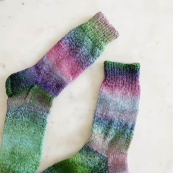 Hand Knit Wool Blend Socks, in Multicolor Green, Pink & Purple - Picture 3 of 11
